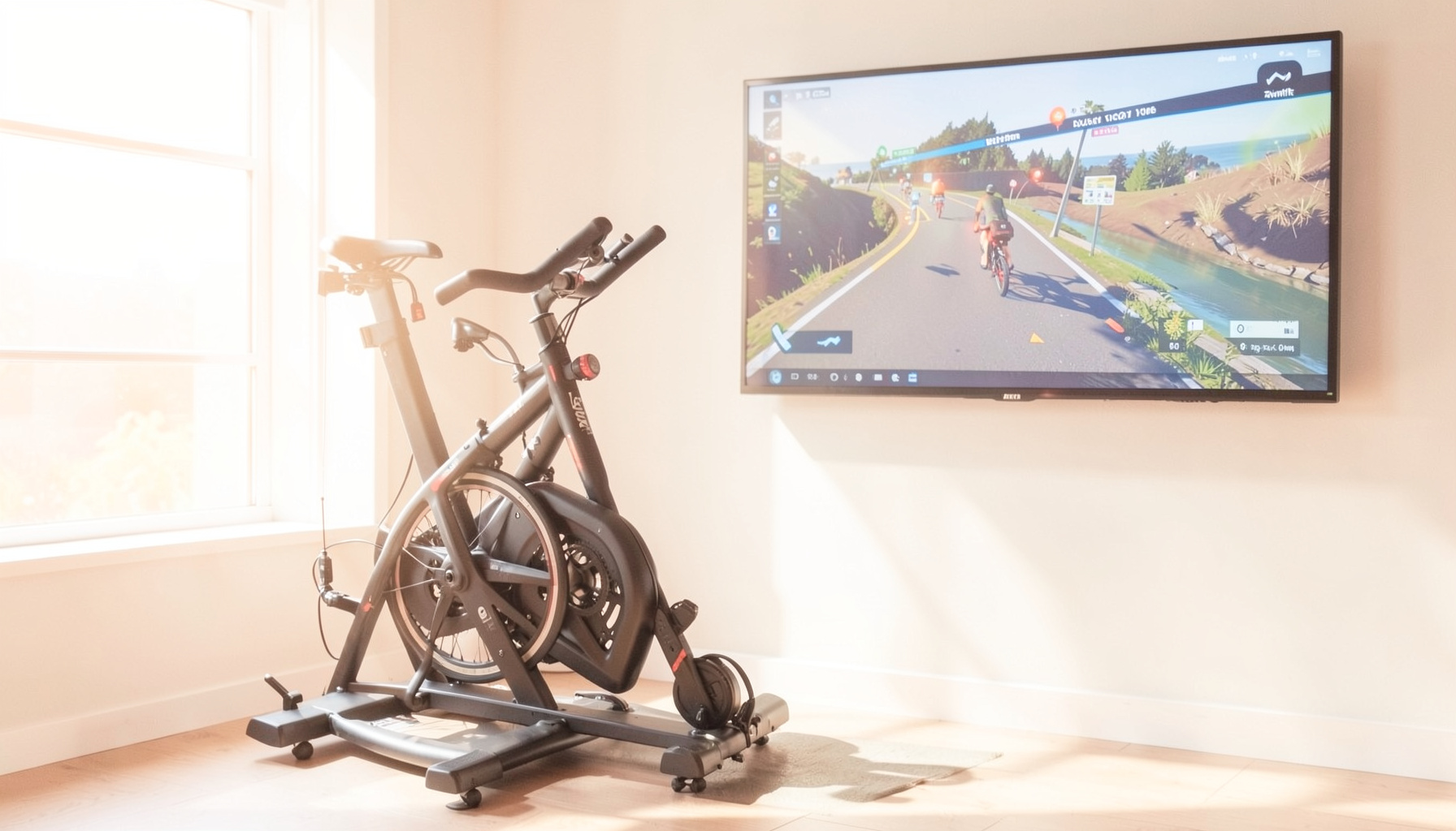 A bright, airy indoor cycling setup with a trainer, bike, and large screen displaying a Zwift course, warm daylight streaming through a nearby window