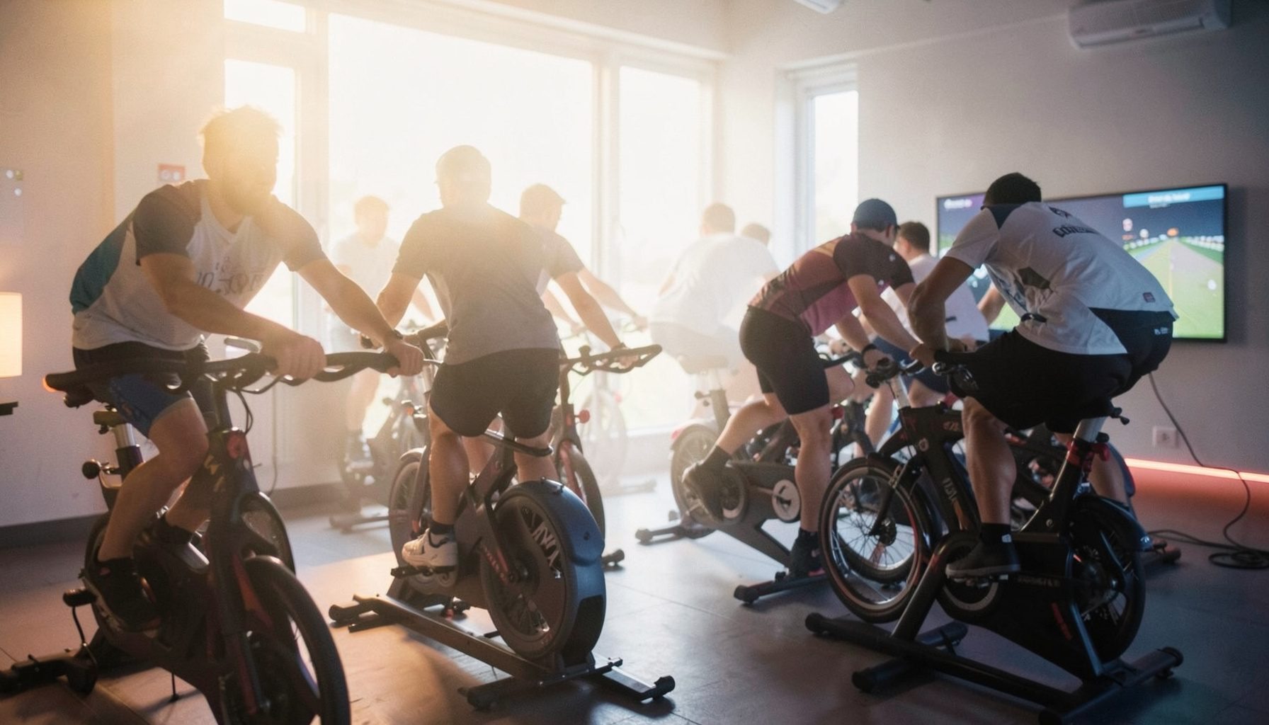 Riders on stationary bikes in a dimly lit room, focused on screens showing a Zwift course, warm amber and cool blue tones