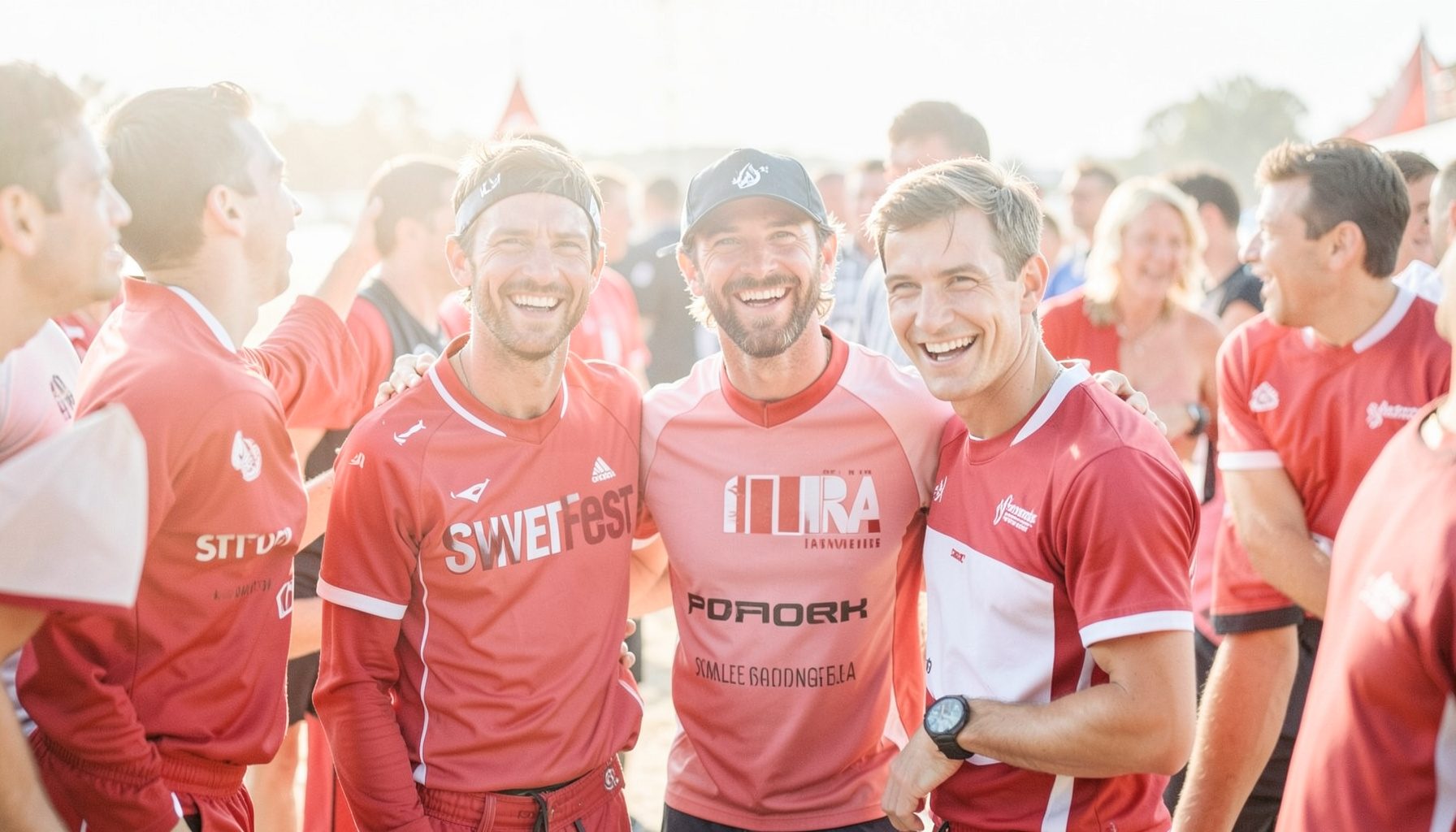 Sweatfest racers smiling together at a casual gathering, warm and friendly community vibe, natural daylight